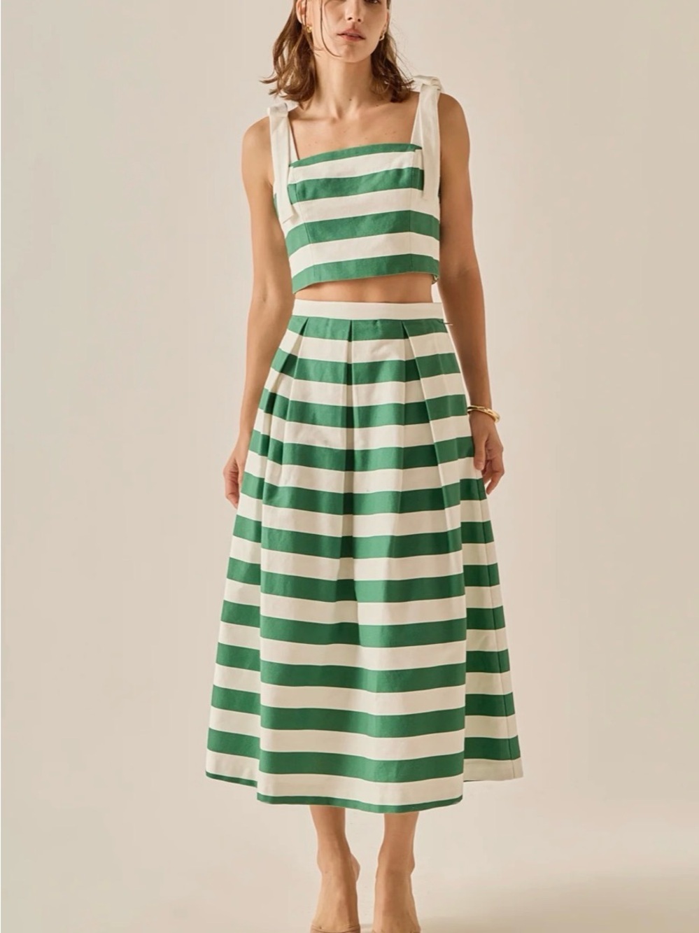 Green and White Striped skirt set